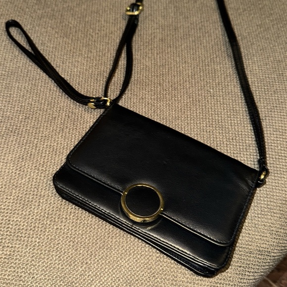 Black soft leather feel clutch gold metal adjustable strap cross body purse 7x5” - Picture 2 of 16